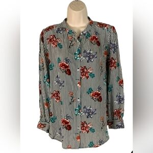 LOFT Striped Floral Button-Up Blouse — White, Black, Red, Teal, Purple